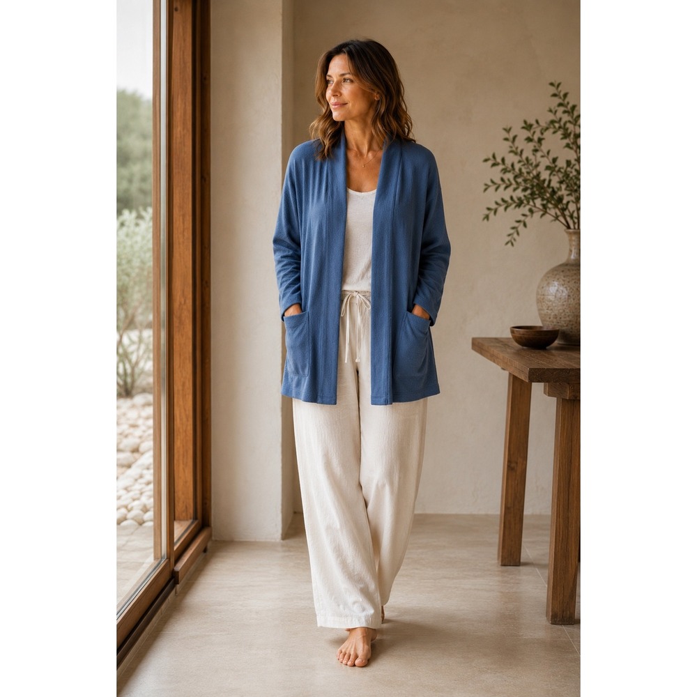 Eileen Fisher Organic Cotton Lyocell Blue Open Cardigan Jacket L Eco-Knit